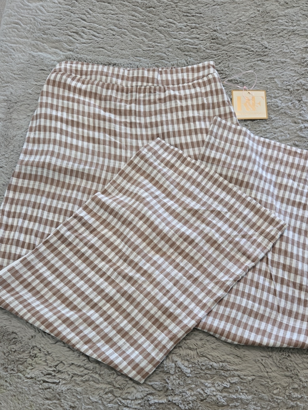 R&F Rayon linen blend brown gingham pull on stretchy waist ultra wild leg pants